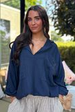 Sandbar Linen Blend Pop Over Shirt Navy 